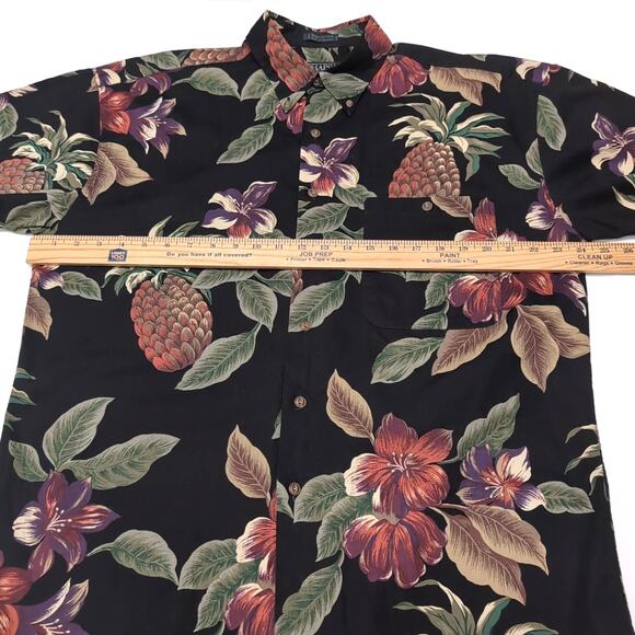 VTG Chaps Ralph Lauren Hawaiian Shirt Mens Size L Black Floral Aloha Button Down - Picture 10 of 13